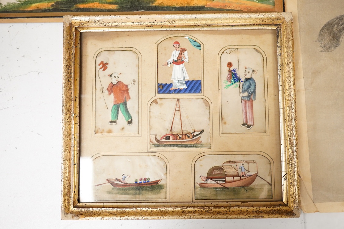 Chinese School, 19th century, Four framed pith paintings of figures boats and birds in landscapes and a Wakyosai woodblock print, largest 38 x 28cm, one unframed